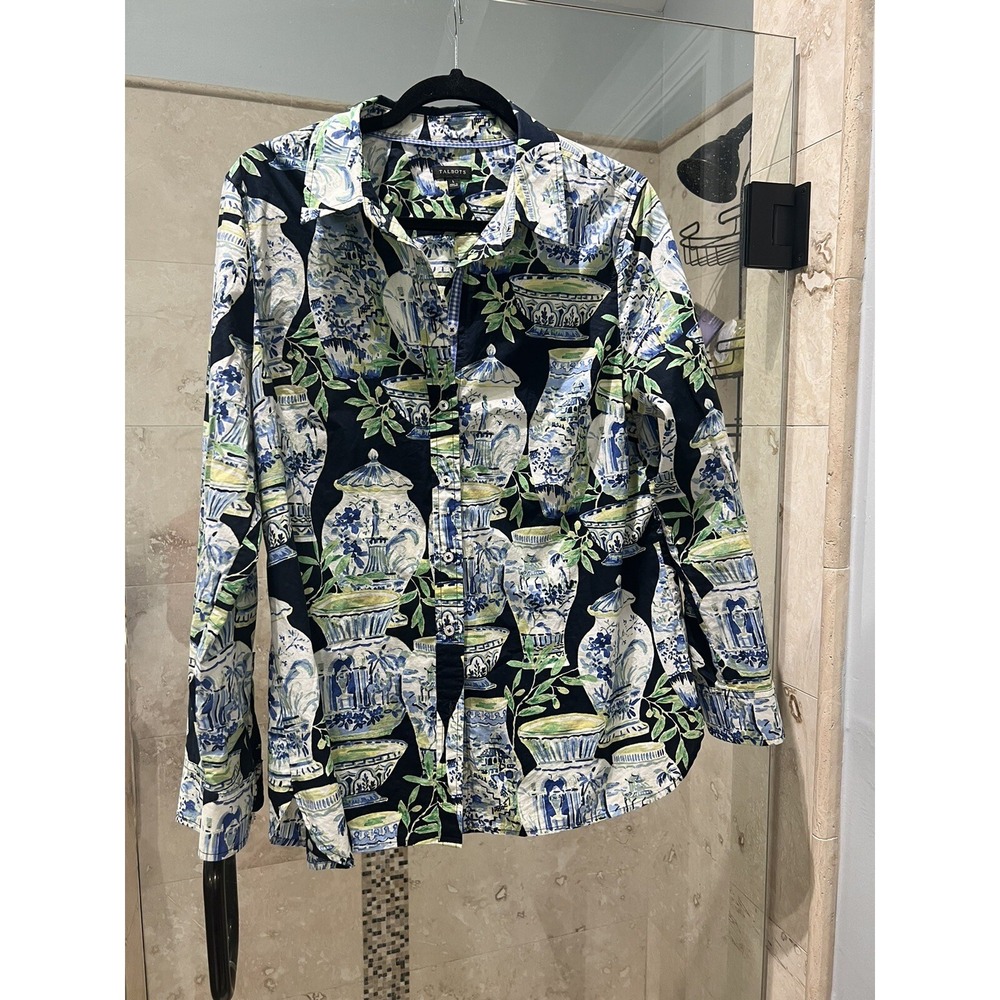 Talbots Womens Cotton Long Sleeve Chinoiserie Ginger Jar Button Up Shirt Blue L